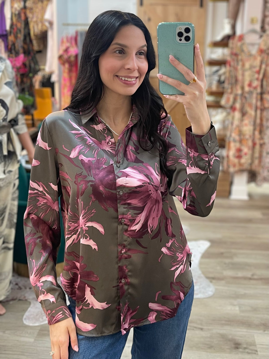 GRAY/PURPLE FLORAL PRINT LONG SLEEVE BUTTON UP TOP