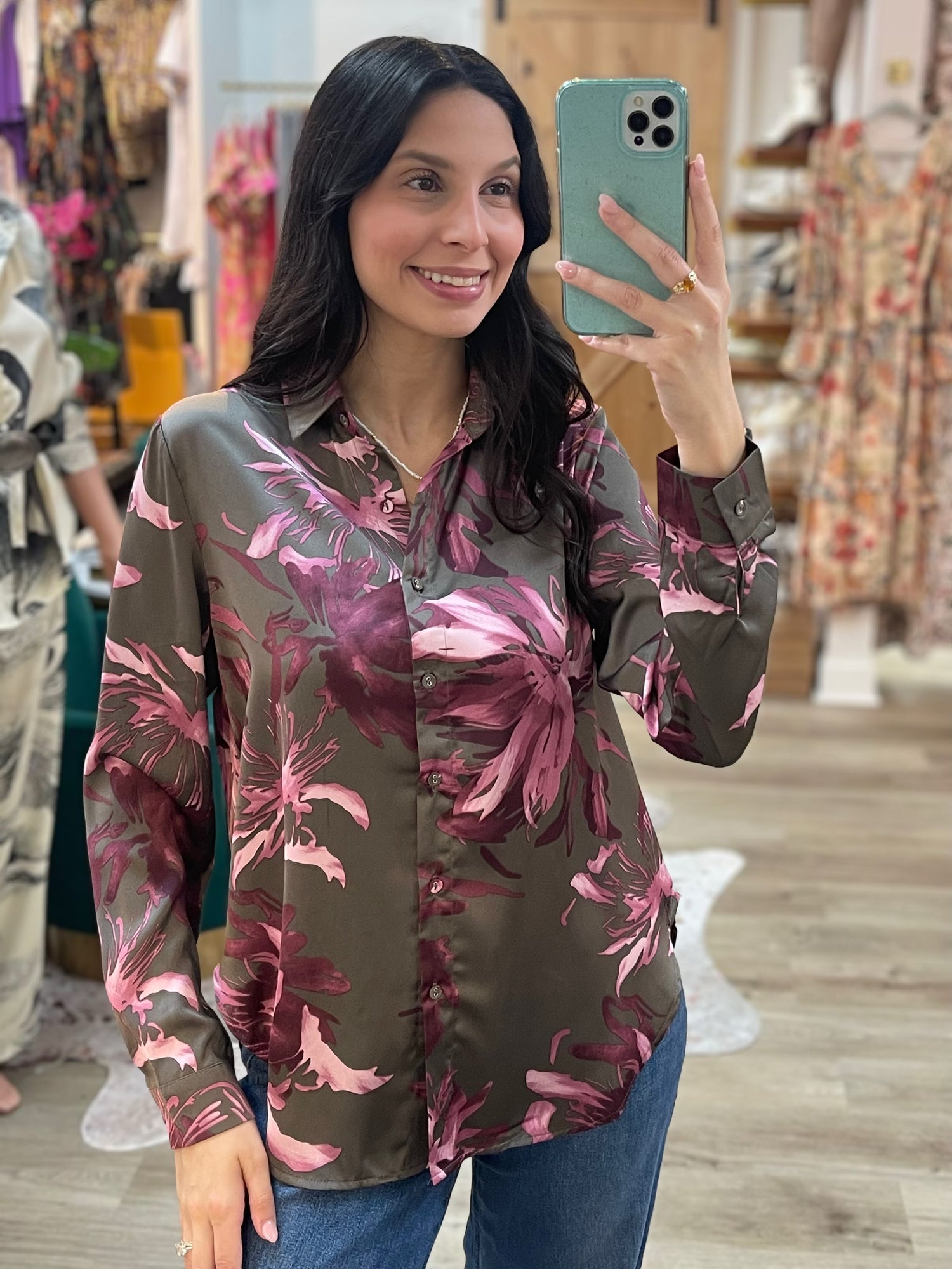 GRAY/PURPLE FLORAL PRINT LONG SLEEVE BUTTON UP TOP
