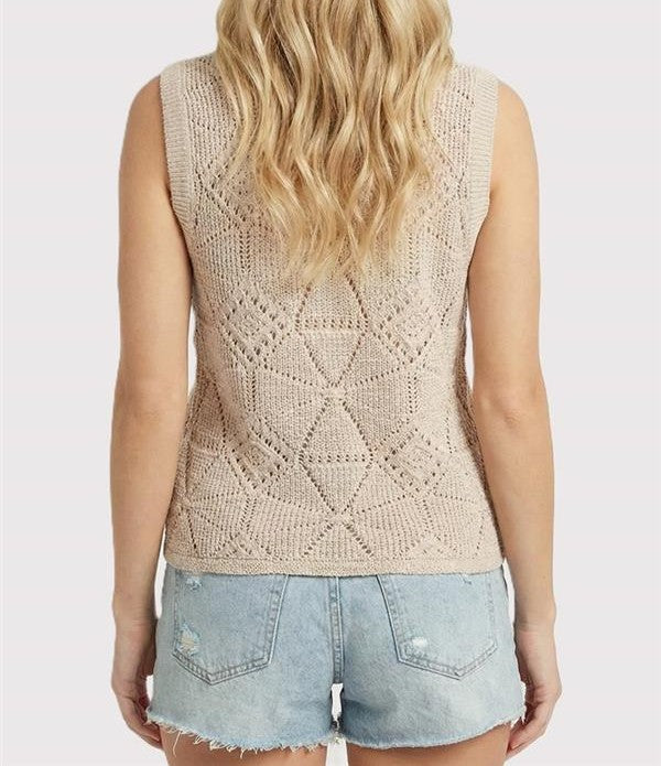 NATURAL CROCHET KNIT WAVE HEM SLEEVELESS SWEATER TANK TOP