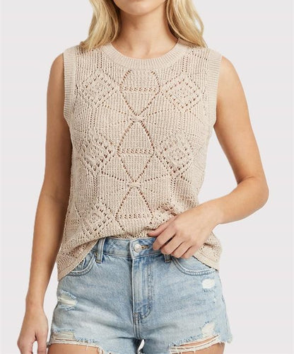 NATURAL CROCHET KNIT WAVE HEM SLEEVELESS SWEATER TANK TOP