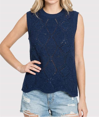 NAVY CROCHET KNIT WAVE HEM SLEEVELESS SWEATER TANK TOP