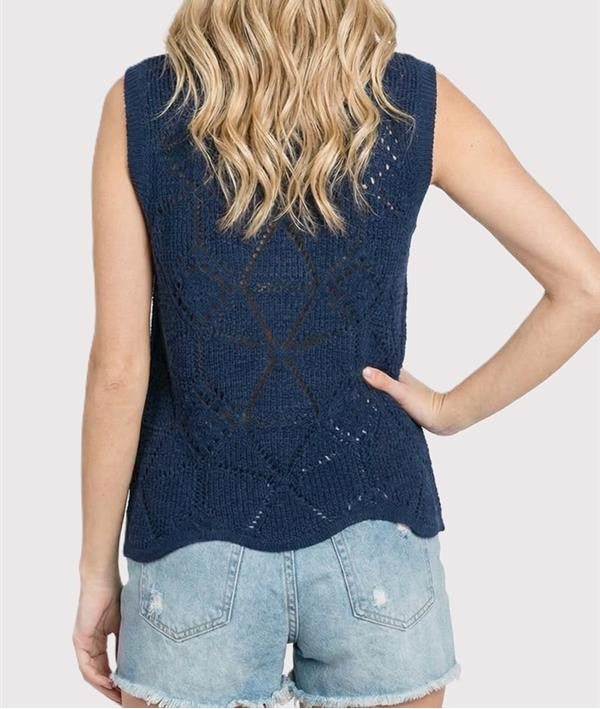 NAVY CROCHET KNIT WAVE HEM SLEEVELESS SWEATER TANK TOP