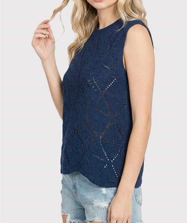 NAVY CROCHET KNIT WAVE HEM SLEEVELESS SWEATER TANK TOP