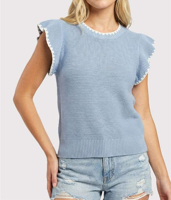 CHAMBRAY BLANKET STITCH DETAIL SHORT RUFFLE SLEEVE SWEATER TOP