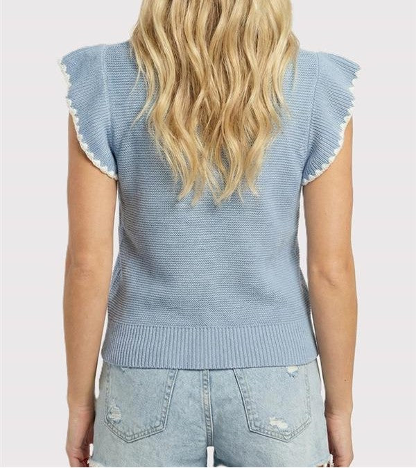 CHAMBRAY BLANKET STITCH DETAIL SHORT RUFFLE SLEEVE SWEATER TOP
