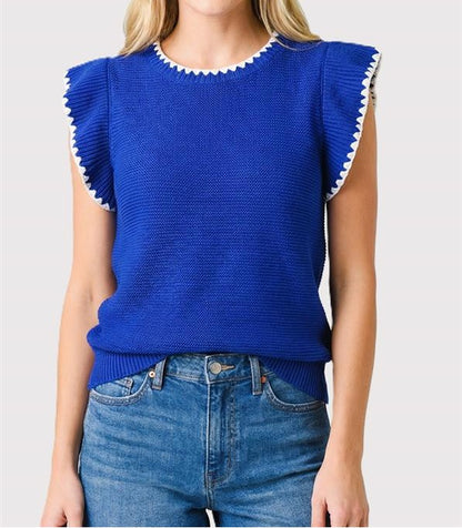 ROYAL BLANKET STITCH DETAIL SHORT RUFFLE SLEEVE SWEATER TOP
