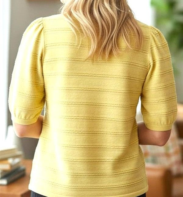 LEMON YELLOW TEXTURED STRIPE SHORT BALLON SLEEVE SWEATER TOP