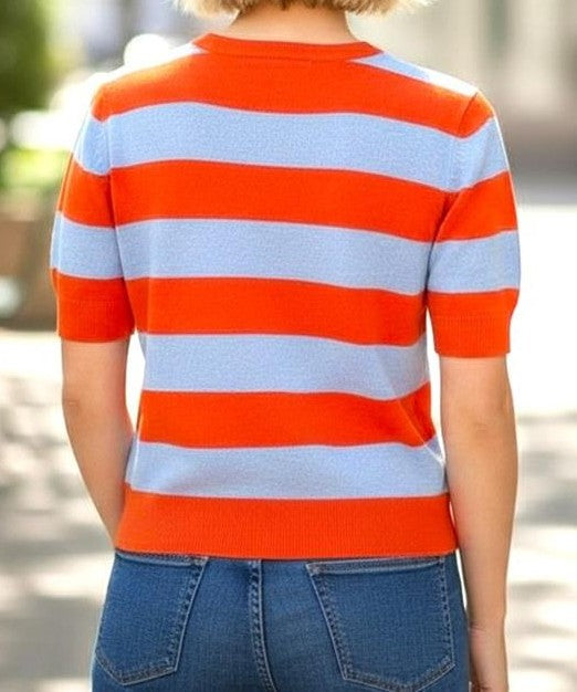 ORANGE/LIGHT BLUE BOLD STRIPE SHORT SLEEVE SWEATER TOP