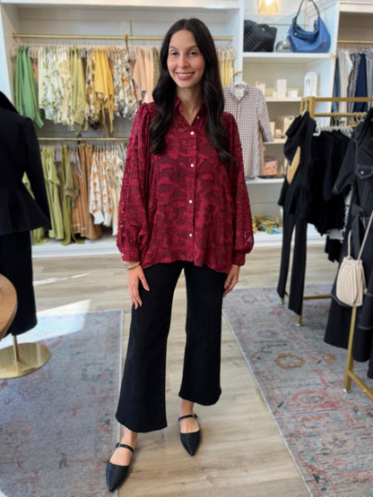 BURGUNDY SHEER EMBROIDERED TULLE LACE LONG PUFF SLEEVE BUTTON UP TOP