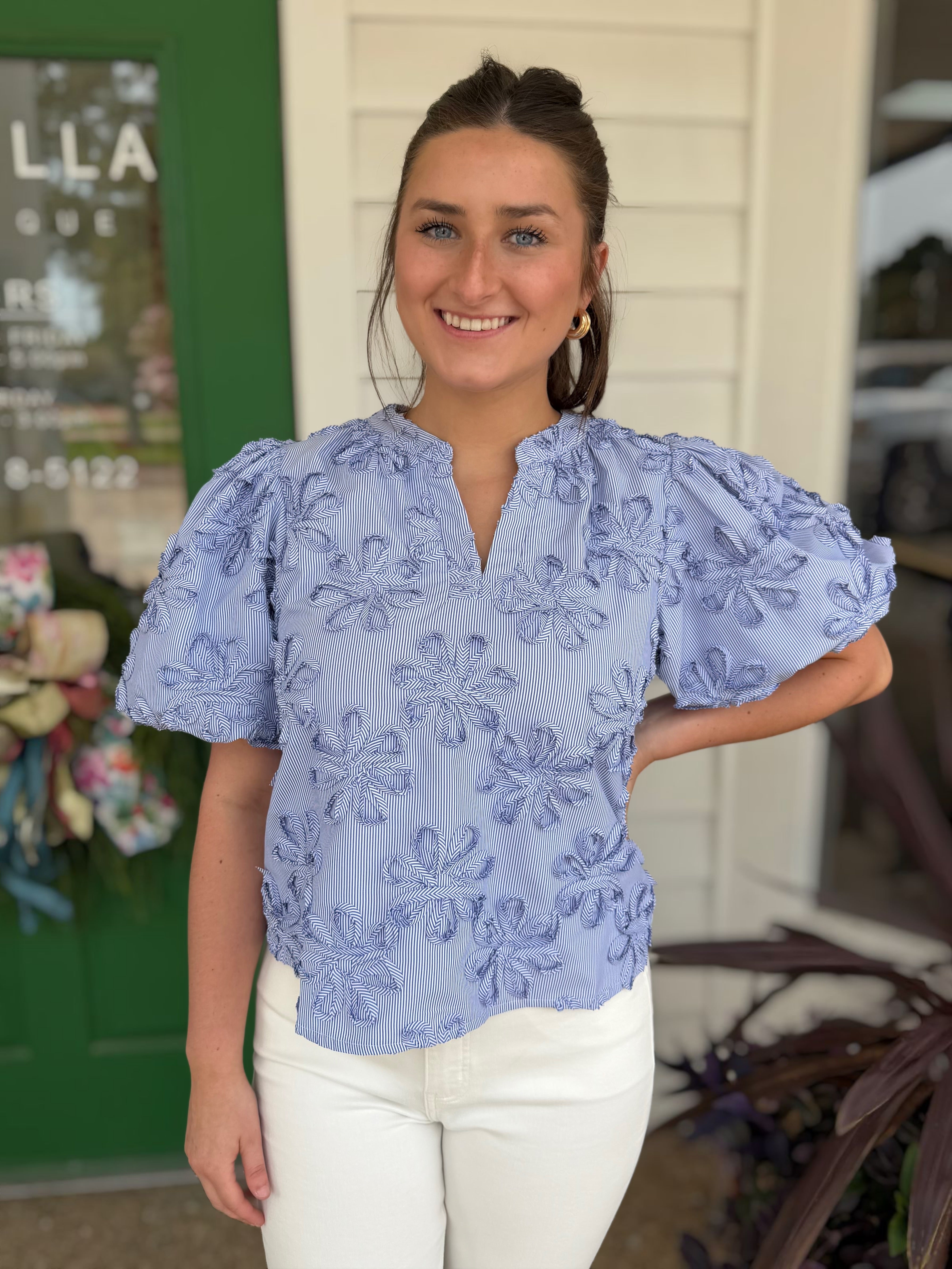 BLUE STRIPE FLORAL EMBROIDERY BALLOON SLEEVE TOP