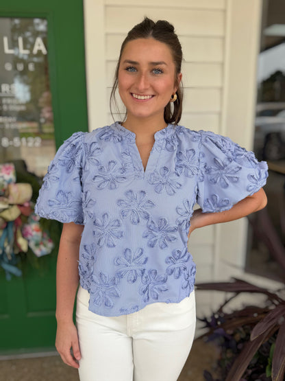 BLUE STRIPE FLORAL EMBROIDERY BALLOON SLEEVE TOP