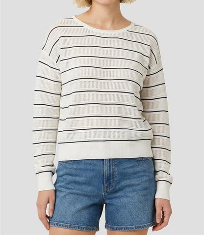 WHITE/NAVY OPEN WEAVE POINTELLE STRIPED LONG SLEEVE SWEATER