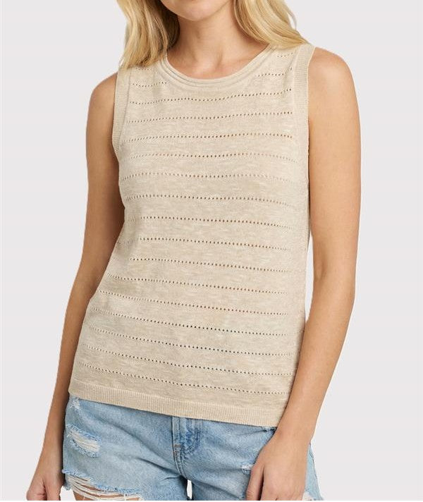 NATURAL POINTELLE STRIPE SLEEVELESS SWEATER TOP