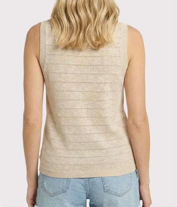 NATURAL POINTELLE STRIPE SLEEVELESS SWEATER TOP
