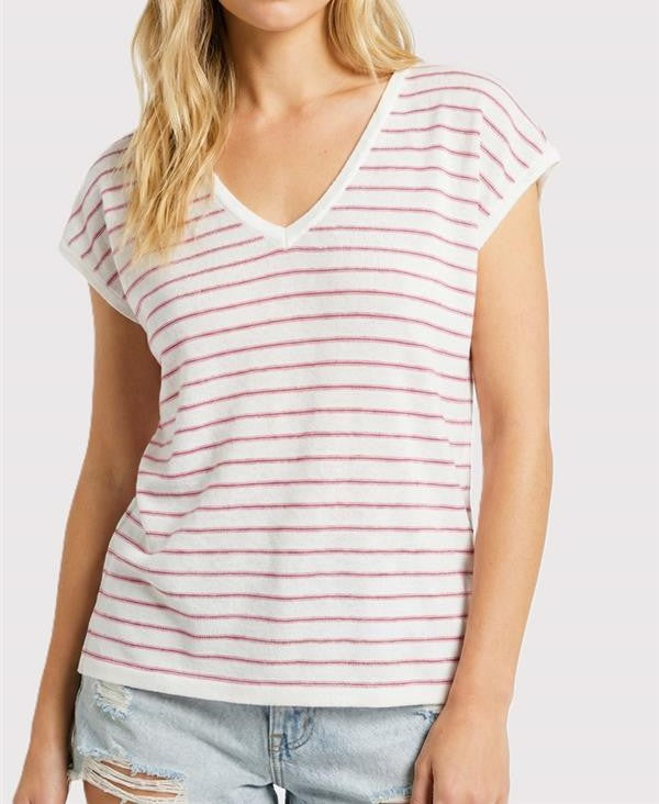 IVORY/PINK STRIPED VNECK SHORT SLEEVE SWEATER TOP
