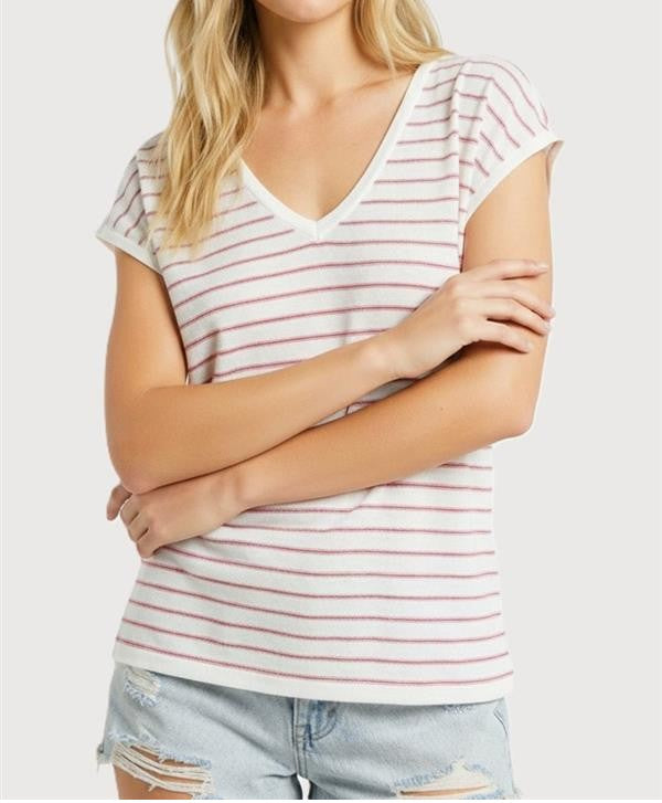 IVORY/PINK STRIPED VNECK SHORT SLEEVE SWEATER TOP
