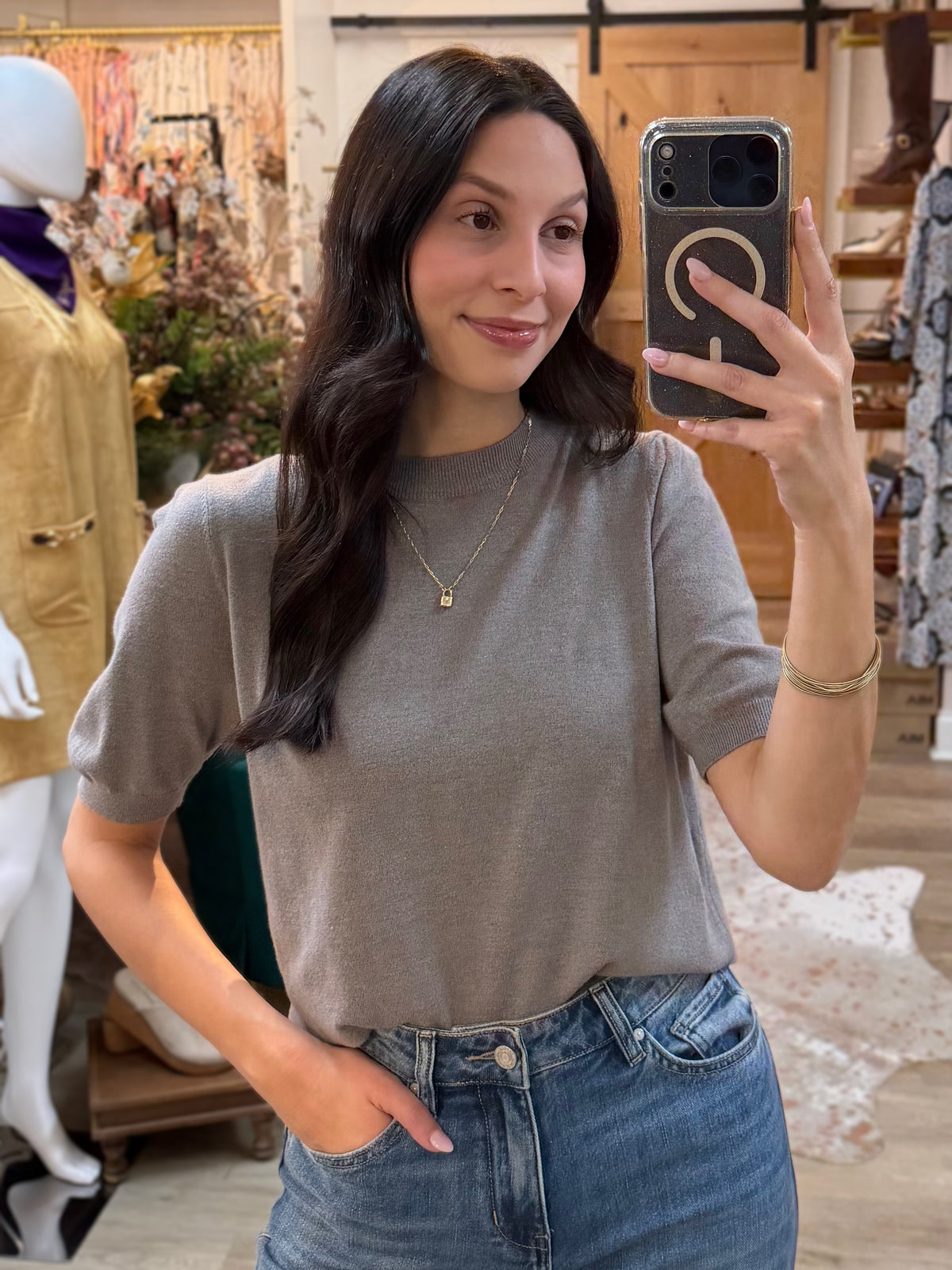 CHARCOAL KNIT SHORT PUFF SLEEVE TOP