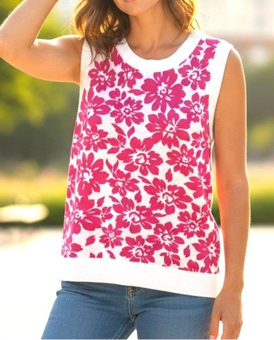 MAGENTA/WHITE FLORAL PRINT SLEEVELESS SWEATER TOP
