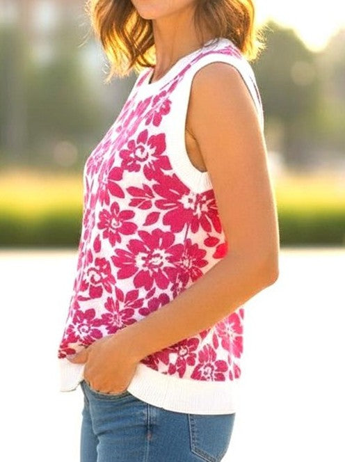 MAGENTA/WHITE FLORAL PRINT SLEEVELESS SWEATER TOP