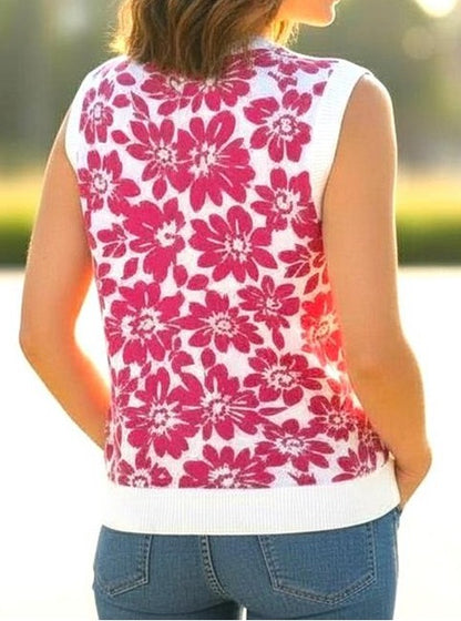 MAGENTA/WHITE FLORAL PRINT SLEEVELESS SWEATER TOP