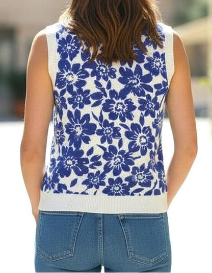 ROYAL BLUE/WHITE FLORAL PRINT SLEEVELESS SWEATER TOP