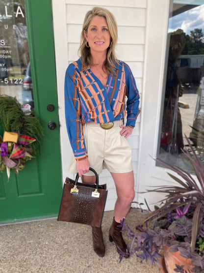 BLUE ABSTRACT STRIPE SURPLICE LONG SLEEVE BUBBLE STACIA TOP