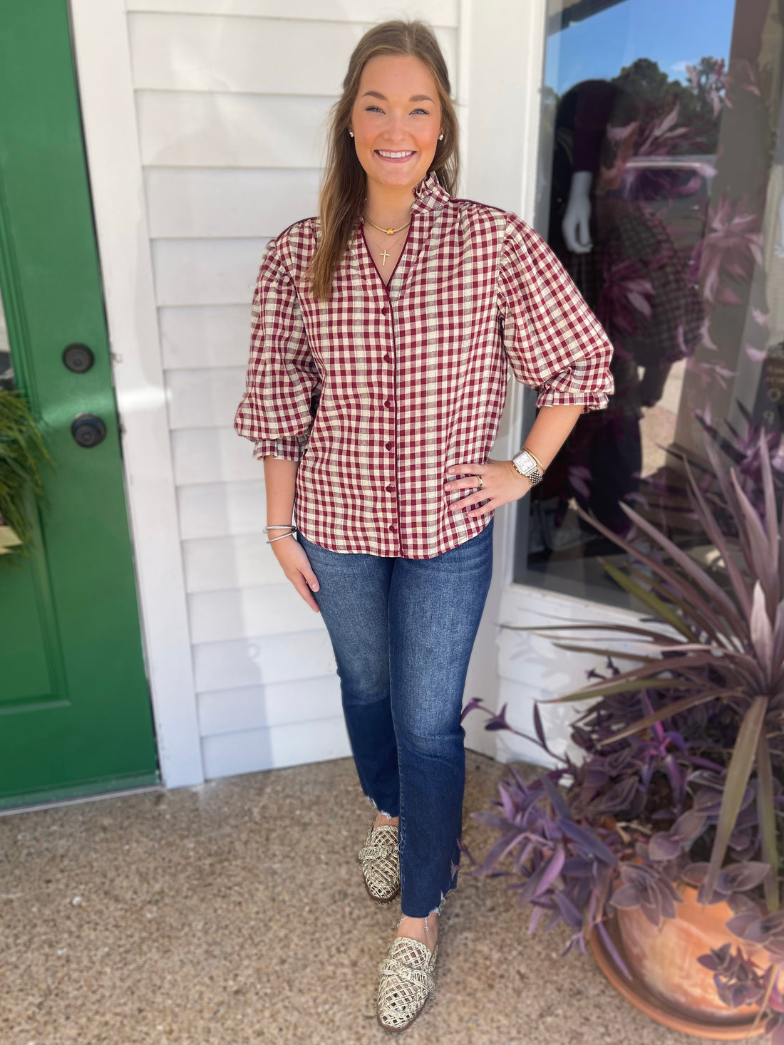 WINE CHECKERED PRINT BUTTON DOWN GATHERED SLEEVE TOP