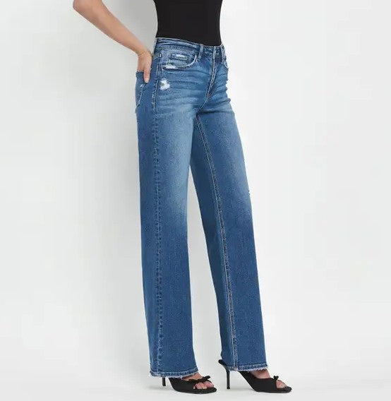 SECURE MEDIUM DARK WASH MID RISE FULL LENGTH WIDE LEG JEANS