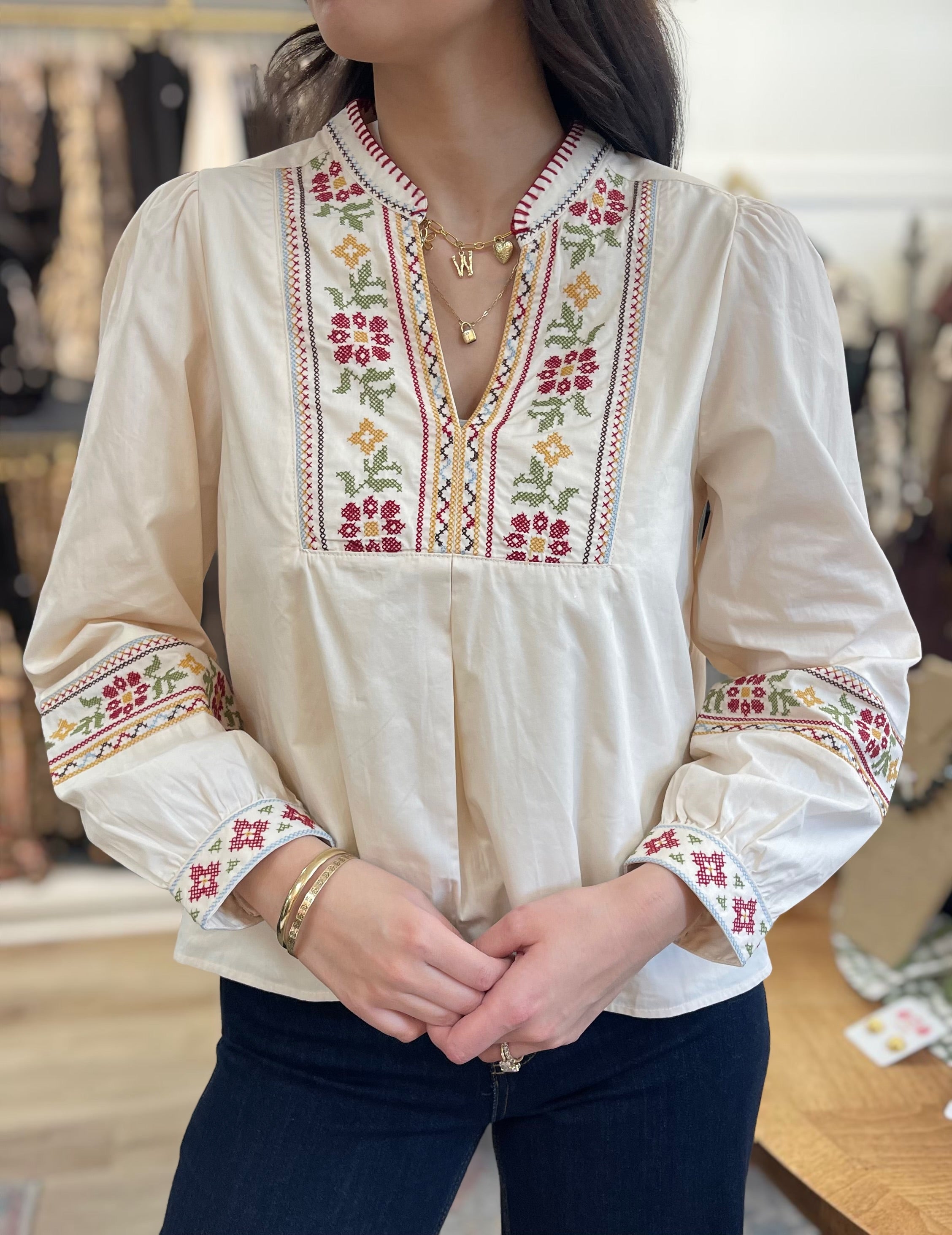 ECRU FLORAL CROSS STITCH EMBROIDERY DETAIL LONG PUFF SLEEVE TOP