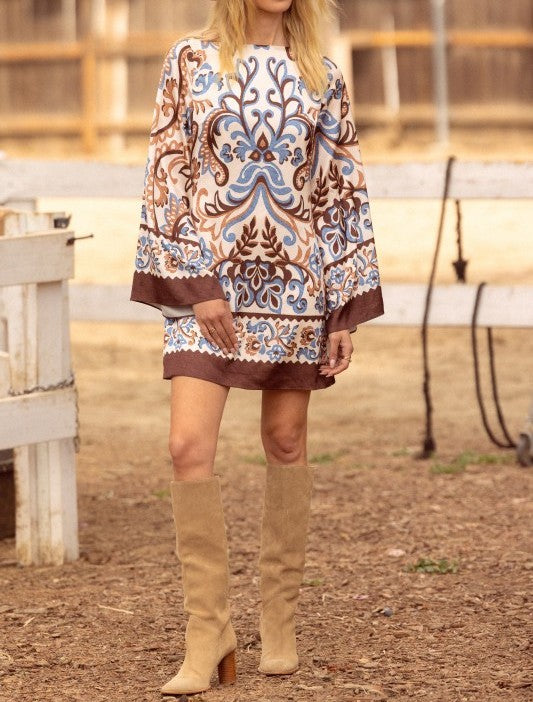 IVORY, BROWN &amp; BLUE BORDER PRINT BELL SLEEVE MINI DRESS
