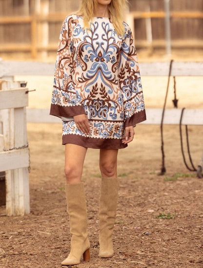 IVORY, BROWN &amp; BLUE BORDER PRINT BELL SLEEVE MINI DRESS
