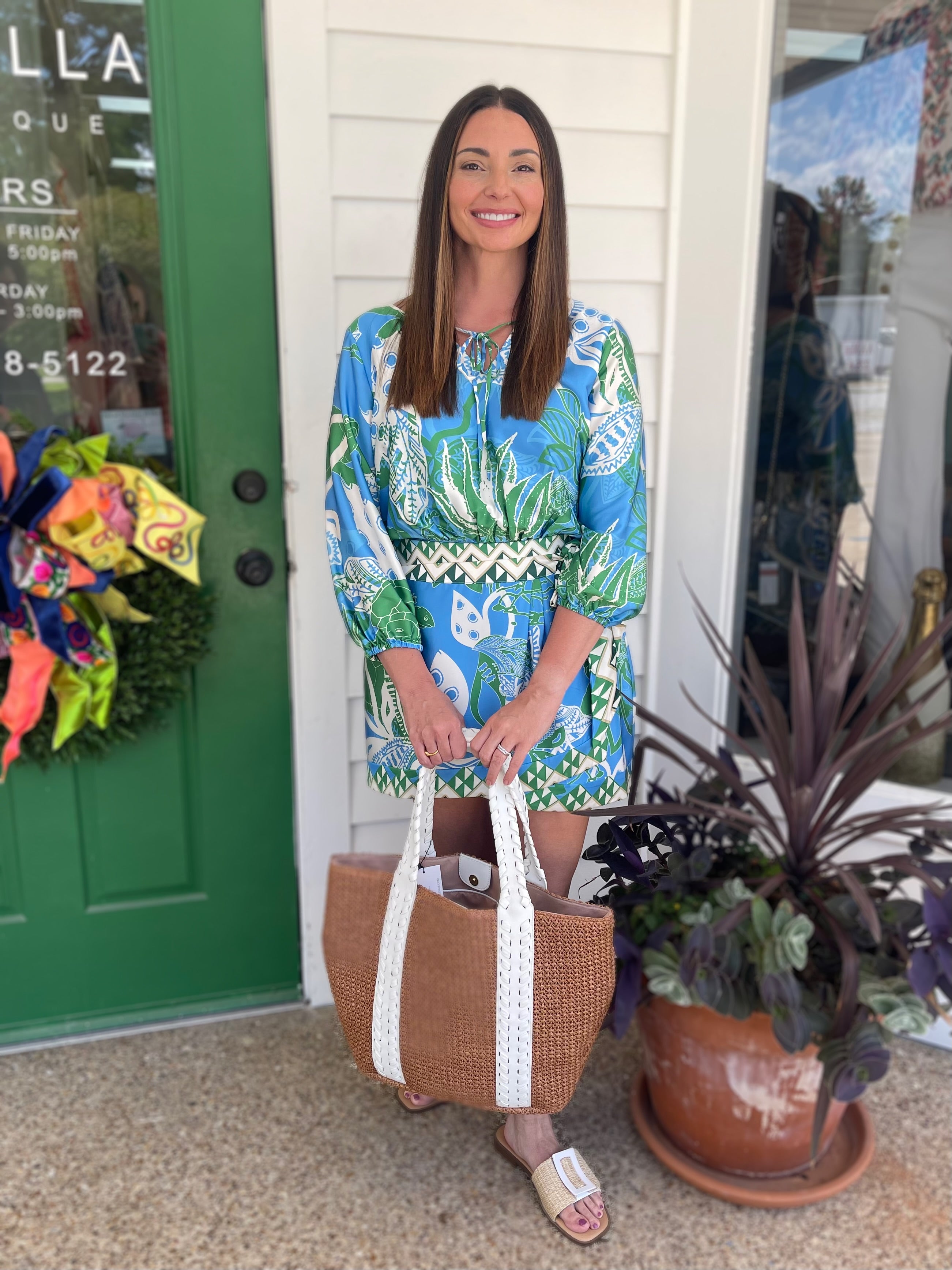 BLUE TURTLE PRINT FEDELE PUFF SLEEVE BLOUSE