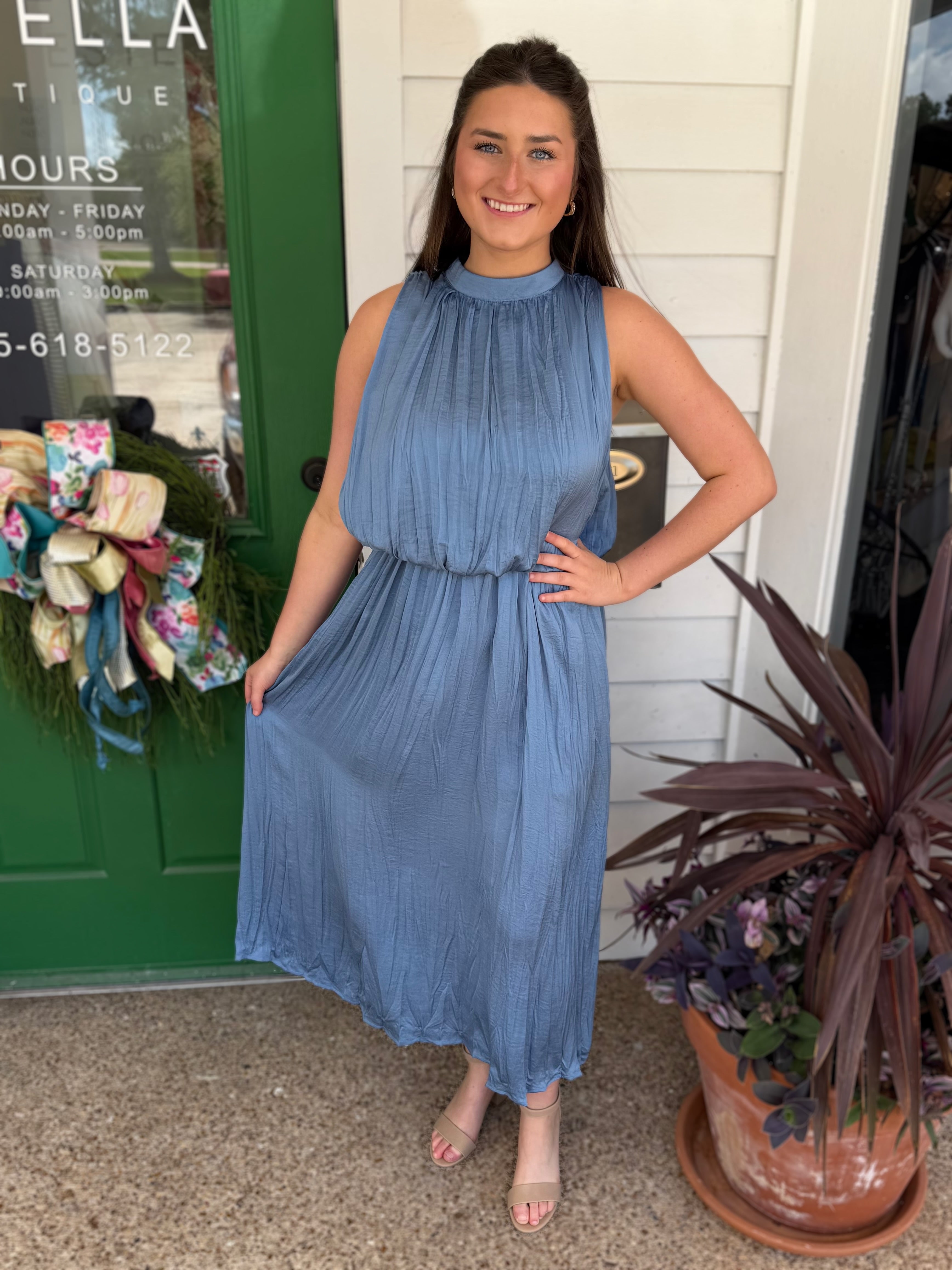 SLATE PLEATED SLEEVELESS SOFT MIDI DRESS