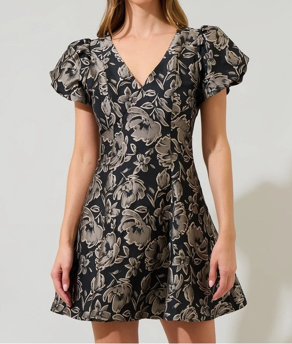 BLACK &amp; SILVER JACQUARD FLORAL PRINT FIT AND FLARE MINI DRESS