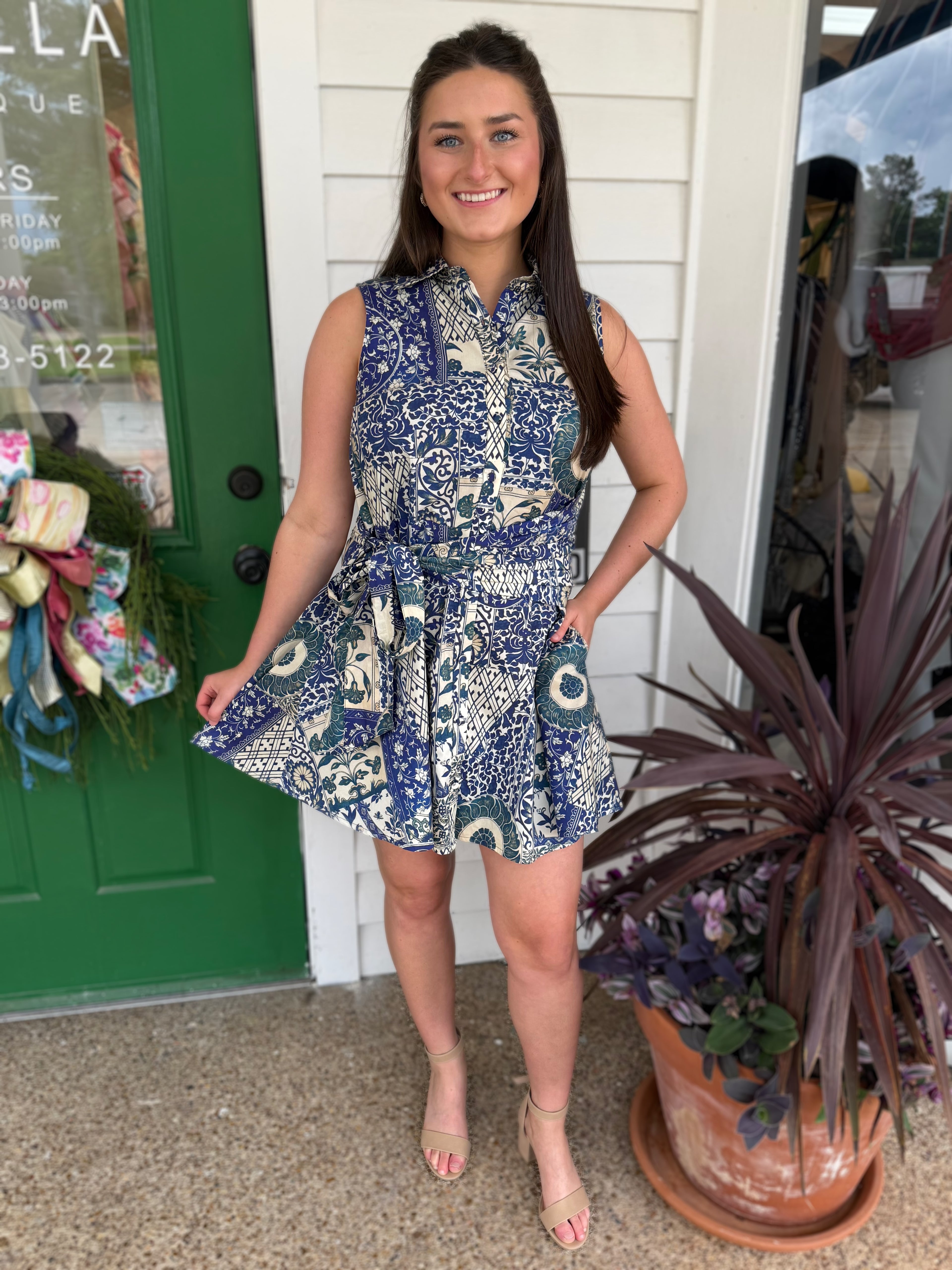 NAVY PATCHWORK PRINT COTTON POPLIN SIDE WAIST TIE SLEEVELESS SHIRT MINI DRESS