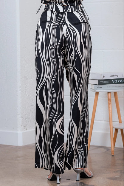 BLACK/IVORY PRINT HIGH WAISTED WIDE LEG SATIN PANTS