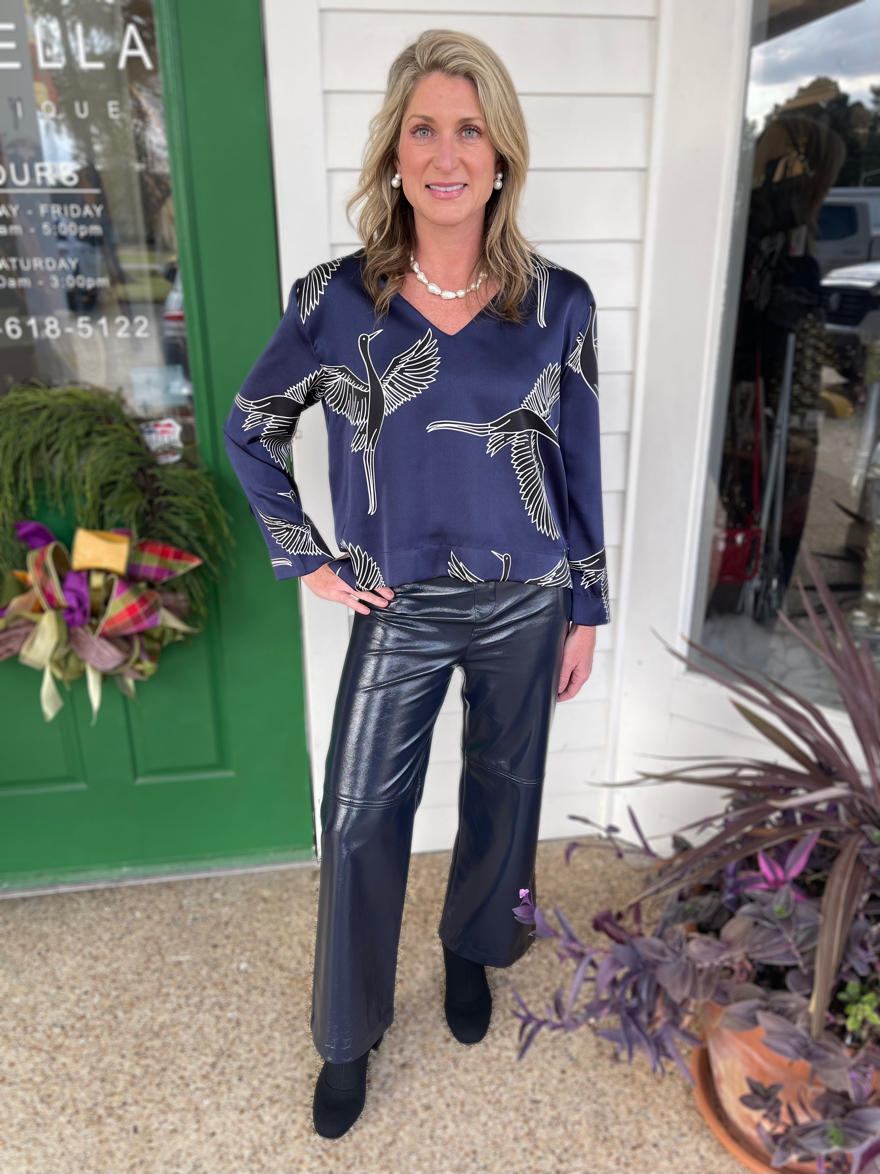 NAVY BIRD PRINT LONG SLEEVE SATIN JONES TOP