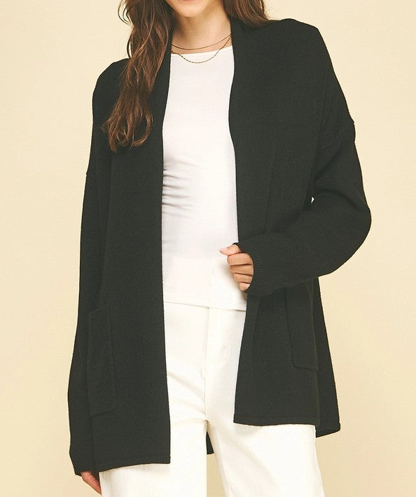 BLACK OPEN FRONT KNIT CARDIGAN SWEATER