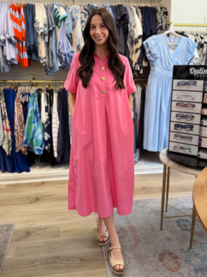 PINK COLLARED GOLD SNAP BUTTON MAXI DRESS