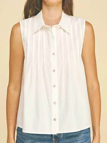 IVORY SLEEVELESS BUTTON UP PLEATED TOP