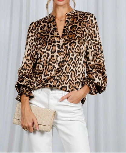 BROWN LEOPARD PRINT LONG BALLOON SLEEVE TOP
