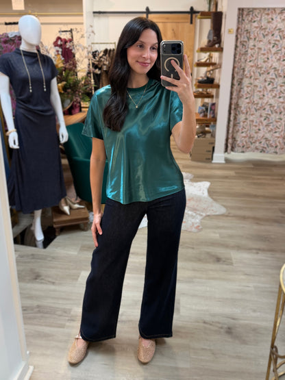TEAL SATIN CREWNECK SHORT DOLMAN SLEEVE TOP