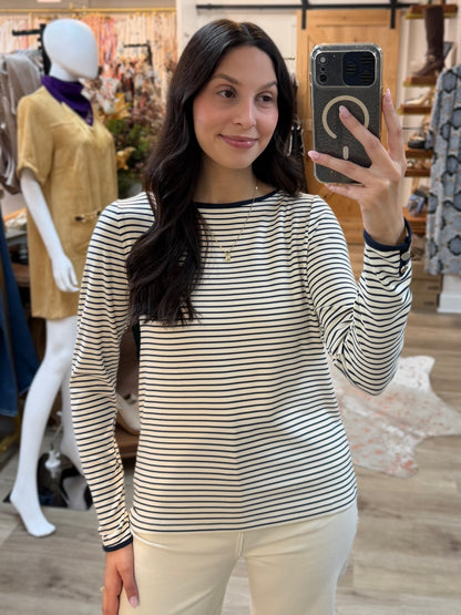 OFF WHITE/NAVY STRIPE WIDE NECK BUTTON CUFF LONG SLEEVE TOP