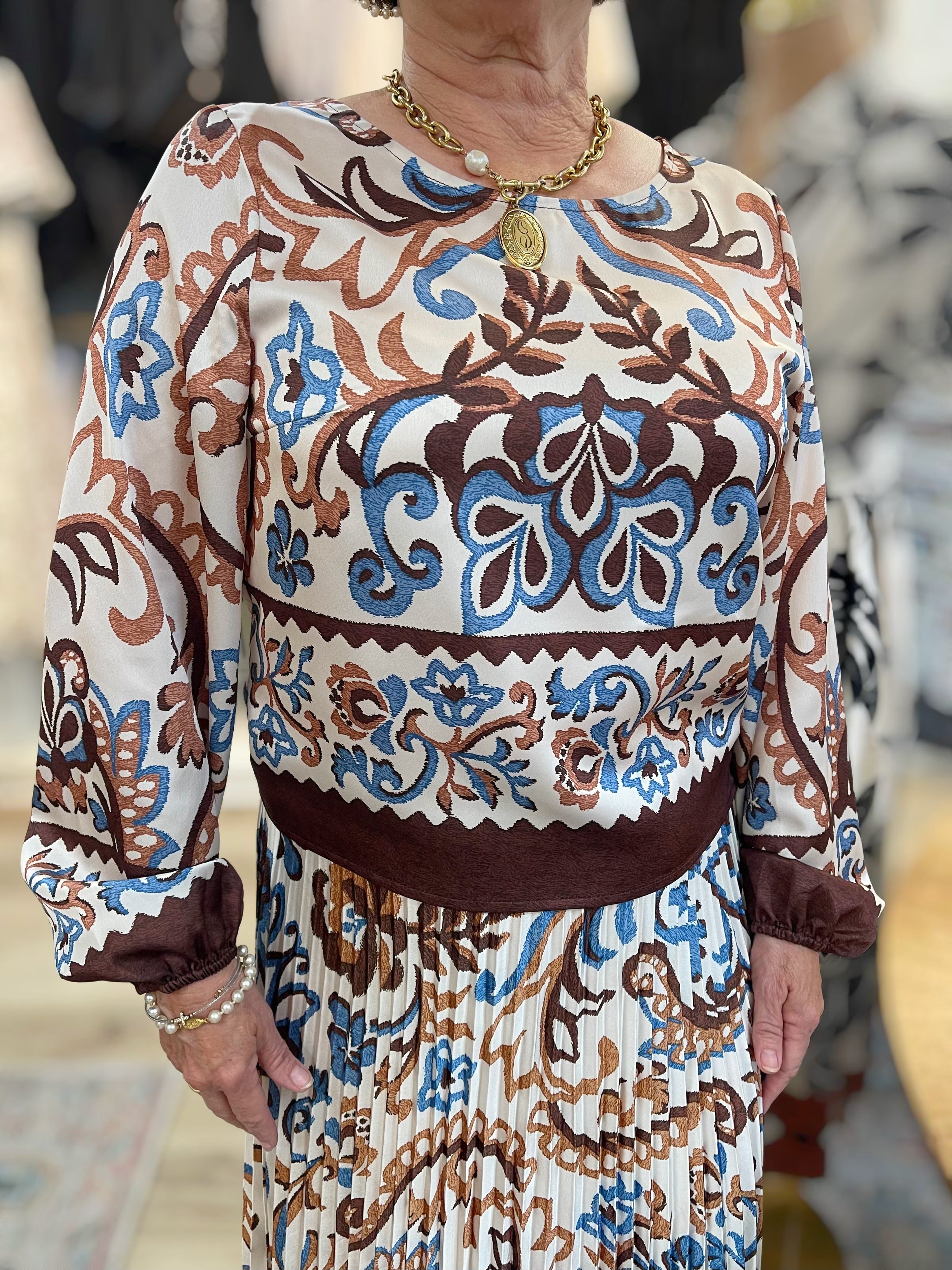 IVORY/BROWN/BLUE BORDER BOHO PRINT BLOUSE