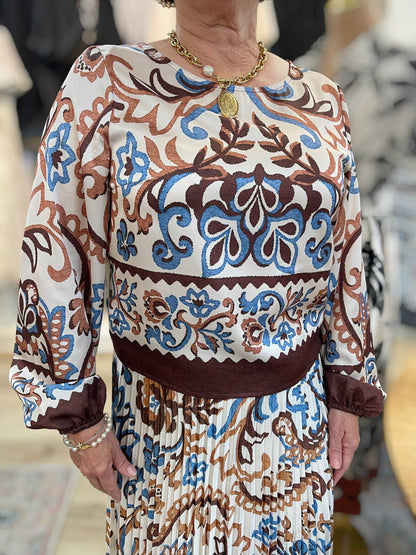 IVORY/BROWN/BLUE BORDER BOHO PRINT BLOUSE