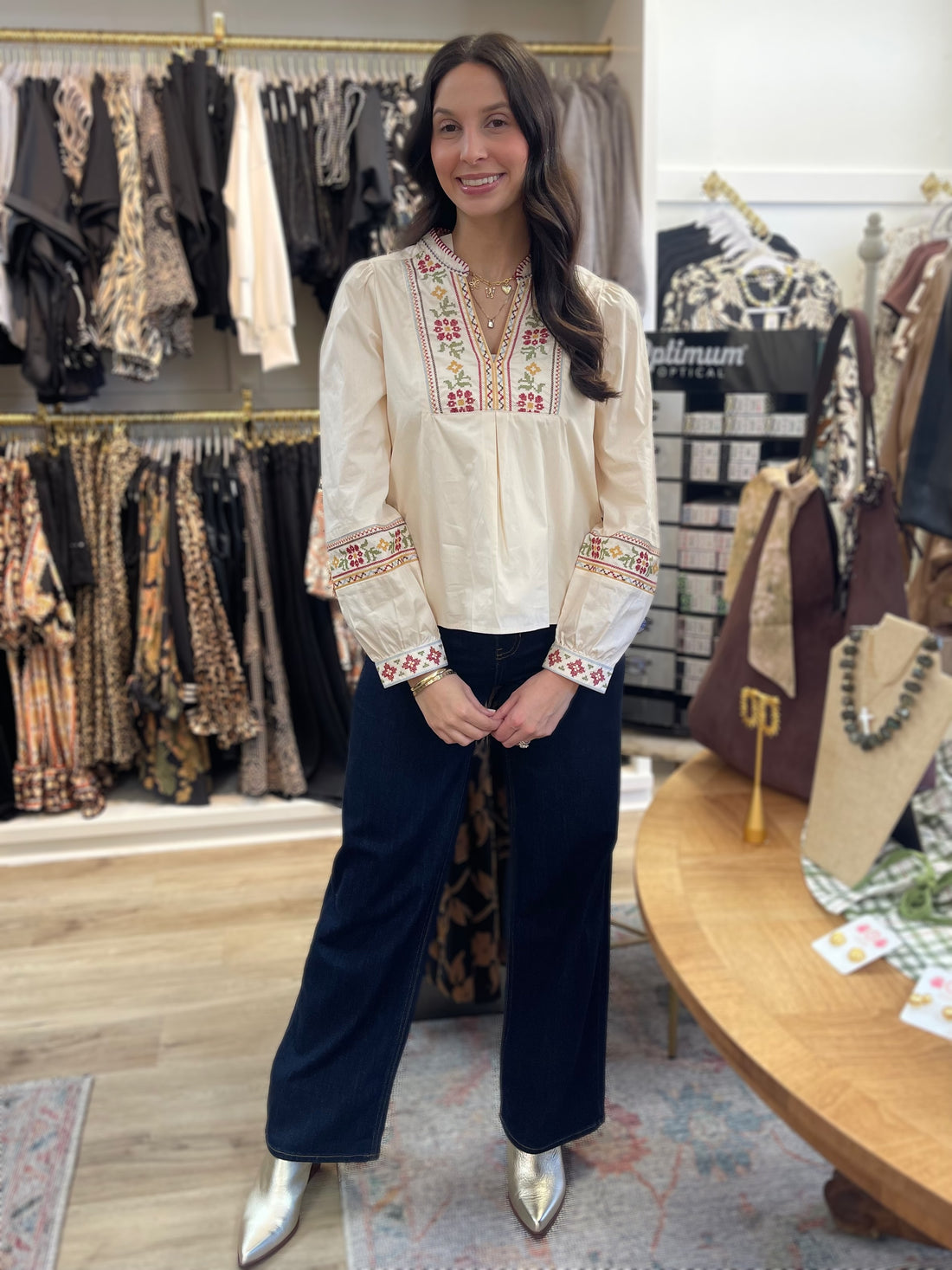 ECRU FLORAL CROSS STITCH EMBROIDERY DETAIL LONG PUFF SLEEVE TOP