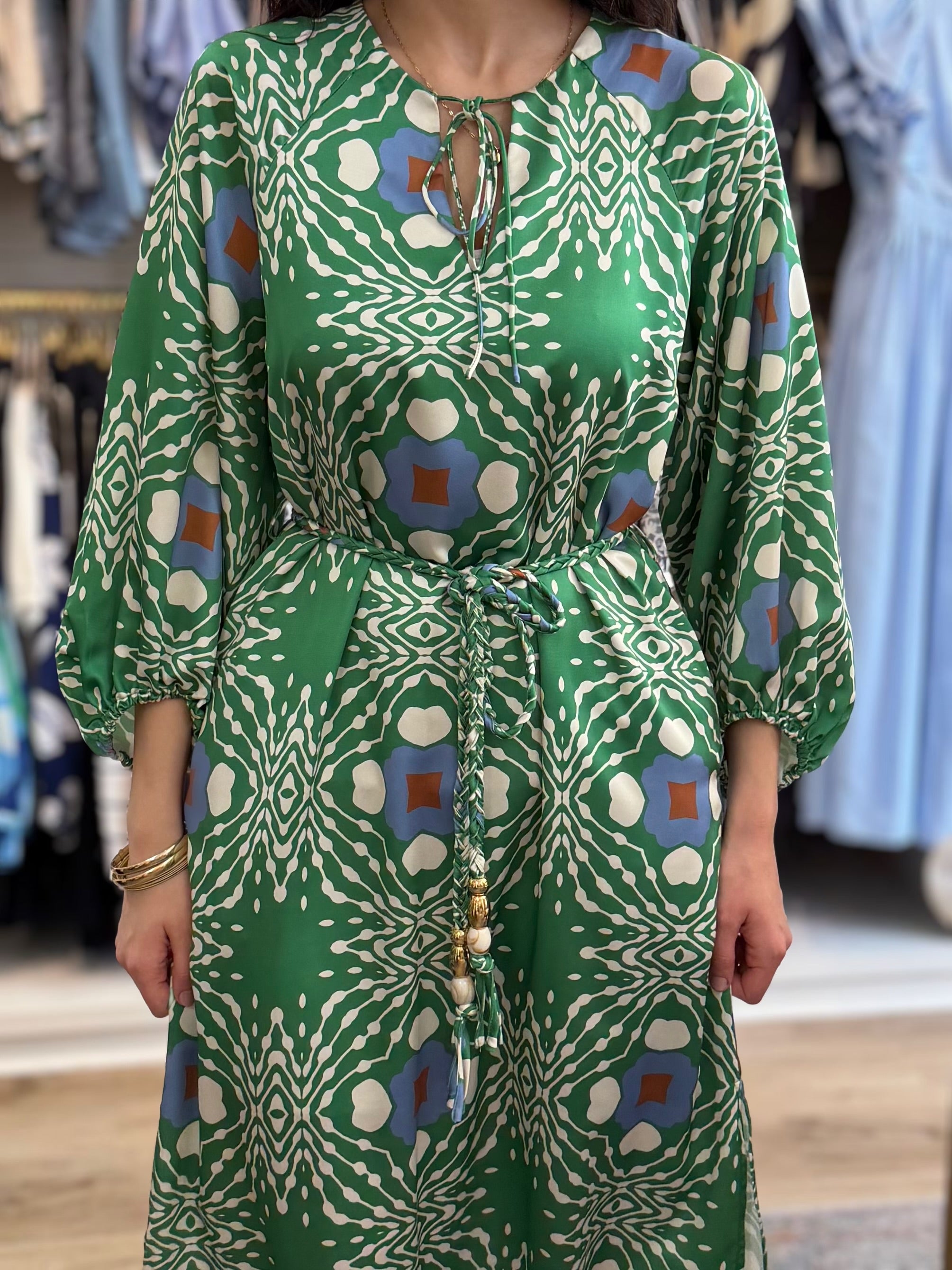 GREEN MULTI GEO PRINT JARDIN MIDI DRESS