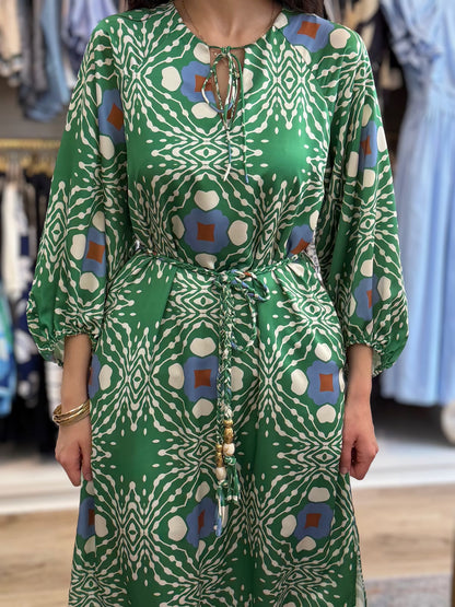 GREEN MULTI GEO PRINT JARDIN MIDI DRESS