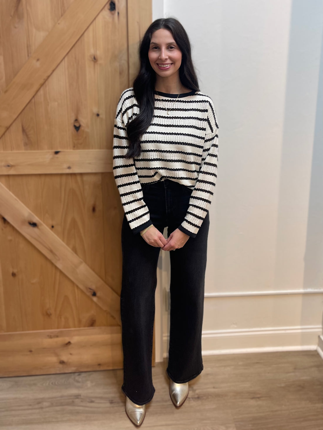 IVORY/BLACK POINTELLE STRIPED KNIT LONG SLEEVE SWEATER TOP