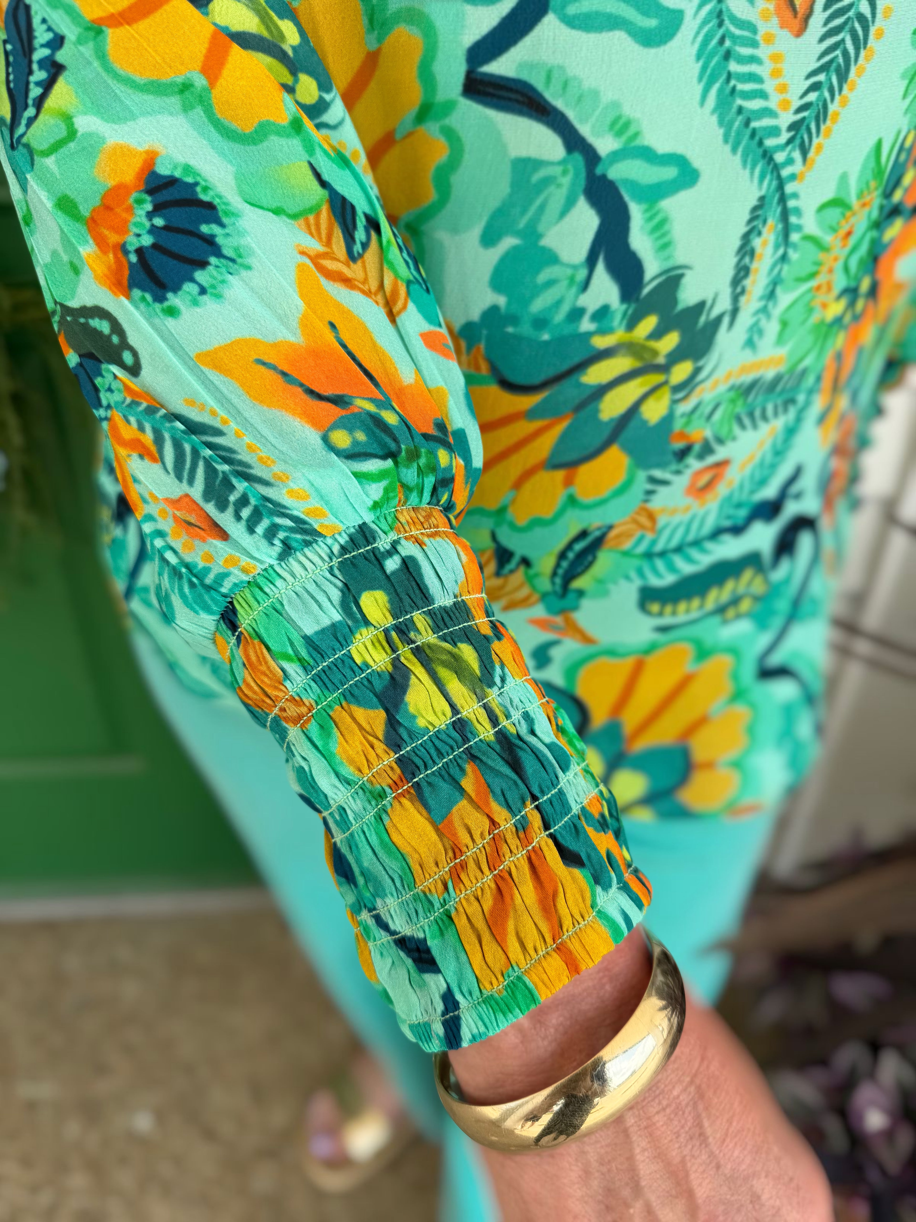 TURQUOISE MULTI BOTANICAL BREEZE PRINT LONG PUFF SLEEVE TOP